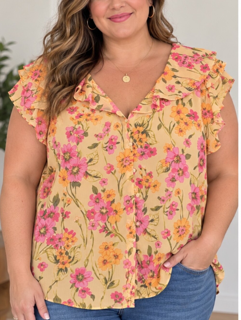 Lands' End Yellow Floral Ruffle Sleeve Blouse Women's 3X